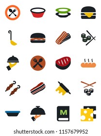 Color and black flat icon set - spoon and fork vector, cafe, menu, plates, bacon, waiter, bread, steak, kebab, hamburger, ladle, bowl, rolling pin, sushi, cheese