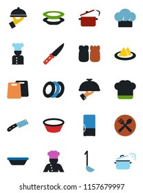 Color and black flat icon set - fridge vector, cook, serviette, cafe, hat, plates, waiter, salt and pepper, ladle, bowl, cutting board, knife, steaming pan