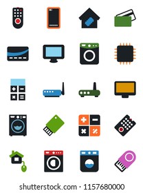 Color and black flat icon set - calculator vector, monitor, phone back, washer, smart home, credit card, control, chip, remote, router, usb flash
