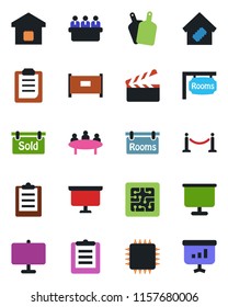 Color and black flat icon set - fence vector, presentation board, meeting, clipboard, clapboard, rooms, sold signboard, smart home, cutting, chip