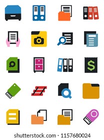 Color and black flat icon set - office binder vector, document search, receipt, folder, photo gallery, paper, tray, archive box, usb flash