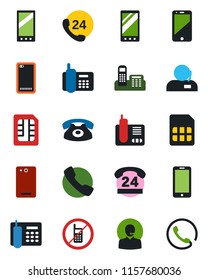 Color and black flat icon set - no mobile vector, phone, office, 24 hours, cell, radio, back, call, sim, support