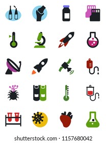 Color and black flat icon set - satellite antenna vector, book, blood test vial, dropper, microscope, ampoule, real heart, joint, virus, sd, thermometer, rocket, flask
