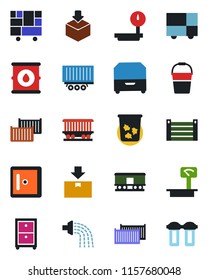 Color and black flat icon set - trash bin vector, checkroom, bucket, watering, railroad, truck trailer, cargo container, consolidated, package, oil barrel, heavy scales, archive box, water filter