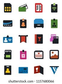 Color and black flat icon set - credit card vector, identity, medical calendar, gallery, sd, sim, archive box, wine, pass, pennon