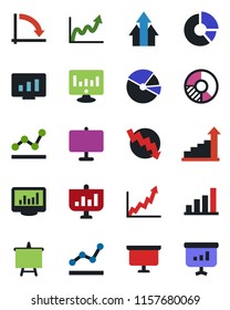 Color and black flat icon set - growth statistic vector, presentation board, crisis graph, monitor, circle chart, statistics, bar, pie, point, arrow up