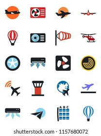 Color and black flat icon set - airport tower vector, plane radar, departure, wind, helicopter, seat map, globe, air conditioner, fan, paper, balloon
