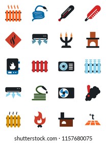 Color and black flat icon set - fire vector, hose, fireplace, thermometer, heater, air conditioner, candle, water, smoke detector, radiator, warm floor