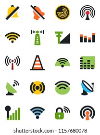 Color and black flat icon set - antenna vector, border cone, radar, satellite, equalizer, wireless, mute, cellular signal, lock