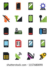 Color and black flat icon set - satellite antenna vector, mobile phone, cell, low battery, back, sim, mute, cellular signal, office, sun panel