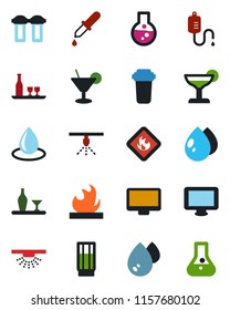 Color and black flat icon set - water drop vector, dropper, flammable, monitor, alcohol, drink, cocktail, filter, sprinkler, flask