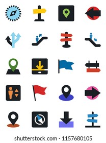 Color and black flat icon set - elevator vector, escalator, signpost, right arrow, left, route, pin, download, place tag, compass, flag, guidepost