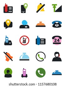 Color and black flat icon set - phone vector, no mobile, reception bell, office, 24 hours, support, tracking, radio, mute, cellular signal