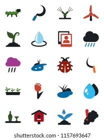 Color and black flat icon set - storm cloud vector, sproute, lady bug, seedling, water drop, rain, sickle, caterpillar, pond, bird house, tulip, photo gallery, windmill, alcohol, irrigation