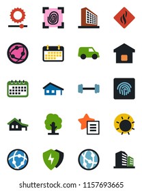 Color and black flat icon set - office building vector, tree, sun, barbell, term, network, favorites list, protect, brightness, fingerprint id, house with garage, smart home, smoke detector, car