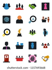 Color and black flat icon set - passport control vector, male, female, medical room, pedestal, team, manager place, pregnancy, group, user, fingerprint id, meeting, company, client search, handshake