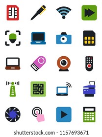 Color and black flat icon set - antenna vector, wireless notebook, camera, pen, touch screen, laptop pc, play button, fast forward, mobile, sim, face id, copier, chip, remote control, web, usb flash