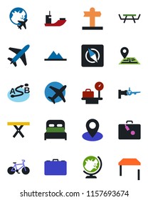 Color and black flat icon set - plane vector, suitcase, globe, boarding, luggage scales, case, picnic table, bike, signpost, navigation, pin, sea shipping, route, compass, mountains, bedroom