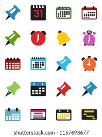 Color and black flat icon set - alarm clock vector, drawing pin, calendar, term, paper, bell, schedule