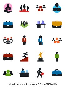 Color and black flat icon set - manager vector, pedestal, team, client, case, company, desk, career ladder, group