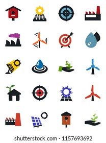 Color and black flat icon set - factory vector, bird house, target, sun panel, windmill, eco, water, palm sproute