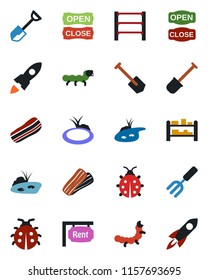 Color and black flat icon set - job vector, garden fork, shovel, lady bug, caterpillar, pond, rack, rent, bacon, open close, rocket