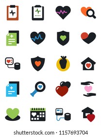 Color and black flat icon set - heart vector, pulse, diagnosis, blood pressure, diagnostic, shield, hand, real, medical calendar, clipboard, sweet home