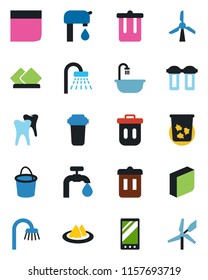 Color and black flat icon set - trash bin vector, shower, bucket, tooth, mobile, blank box, water supply, bathroom, serviette, filter, windmill