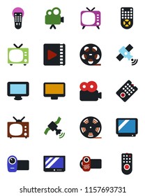 Color and black flat icon set - tv vector, reel, satellite, video camera, remote control, monitor