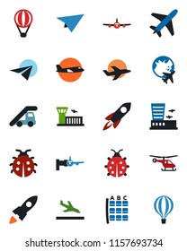 Color and black flat icon set - plane vector, arrival, ladder car, boarding, helicopter, seat map, globe, airport building, lady bug, rocket, paper, air balloon