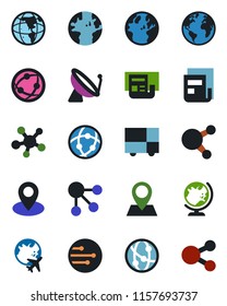 Color and black flat icon set - satellite antenna vector, globe, plane, earth, pin, consolidated cargo, network, share, news, social media