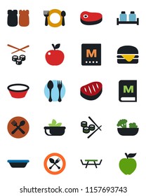 Color and black flat icon set - spoon and fork vector, picnic table, cafe, menu, salad, salt pepper, steak, hamburger, bowl, sushi, apple fruit