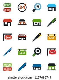 Color and black flat icon set - 24 around vector, shop, pen, store, search cargo, sale, sold signboard, cafe building, open close, storefront