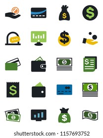 Color and black flat icon set - credit card vector, ticket office, dollar sign, money bag, statistic monitor, cash, receipt, wallet, investment