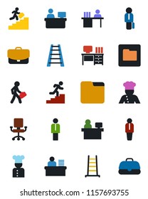 Color and black flat icon set - manager vector, desk, place, ladder, folder, career, cook, office chair, case