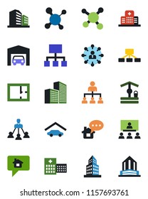 Color and black flat icon set - hierarchy vector, well, molecule, hospital, office building, garage, plan, home message