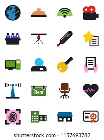 Color and black flat icon set - office chair vector, document, meeting, heart pulse, thermometer, hospital, antenna, favorites list, video, support, rent, key, wireless, reception, cafe building, pc