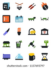 Color and black flat icon set - reception bell vector, ticket office, checkroom, calendar, garden knife, caterpillar, truck trailer, heavy scales, flame disk, satellite, news, phyto bar, beer, kebab