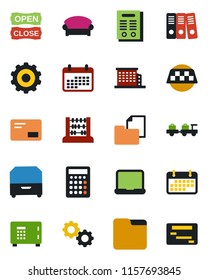 Color and black flat icon set - taxi vector, waiting area, baggage larry, safe, gear, abacus, term, folder document, mail, paper binder, notebook pc, archive box, contract, office building, calendar