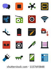 Color and black flat icon set - escalator vector, caterpillar, radio, share, low battery, stop button, mobile, message, camera, record, scanner, notes, wireless, torch, cut, abacus, pen, washer