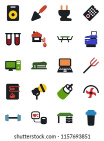 Color and black flat icon set - desk vector, notebook pc, trowel, farm fork, ripper, picnic table, blood pressure, test vial, barbell, microphone, speaker, rca, copier, stapler, home control, remote
