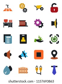 Color and black flat icon set - desk vector, document, fence, wheelbarrow, speaker, stop button, rca, settings, place tag, eye id, identity card, office building, lock, water, warm floor, gear, tie