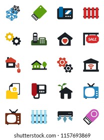 Color and black flat icon set - tv vector, office phone, house with tree, estate document, sale, sweet home, control, eco, snowflake, air conditioner, intercome, gear, radiator, garage gate