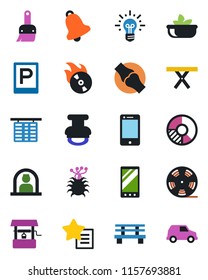 Color and black flat icon set - parking vector, reception, flight table, circle chart, well, bench, picnic, joint, virus, reel, flame disk, cell phone, favorites list, mobile, themes, bell, stamp