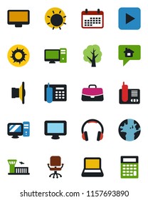 Color and black flat icon set - airport building vector, office chair, case, tree, sun, earth, speaker, headphones, monitor, radio phone, play button, notebook pc, home message, calendar, calculator