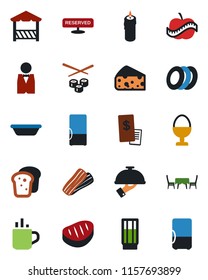 Color and black flat icon set - hot cup vector, diet, fridge, waiter, reserved, drink, plates, bacon, egg stand, bread, candle, cafe table, alcove, restaurant receipt, steak, bowl, sushi, cheese