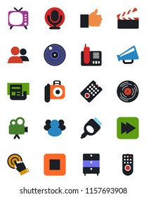 Color and black flat icon set - clapboard vector, vinyl, archive chest, camera, loudspeaker, tv, video, microphone, touch screen, radio phone, group, finger up, stop button, fast forward, hdmi, news