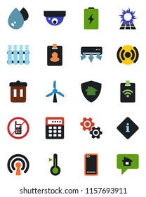 Color and black flat icon set - no mobile vector, phone back, wireless, air conditioner, gear, water, thermometer, radiator, home protect, trash bin, sun panel, combination lock, windmill, pass card