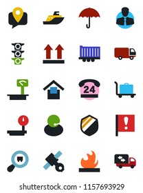 Color and black flat icon set - baggage trolley vector, important flag, satellite, traffic light, 24 hours, support, client, mobile tracking, sea shipping, truck trailer, car delivery, umbrella