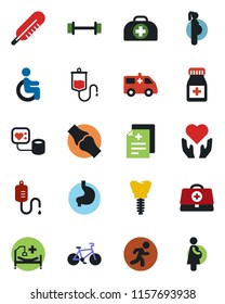 Color and black flat icon set - doctor case vector, diagnosis, blood pressure, dropper, thermometer, pills bottle, ambulance car, barbell, bike, run, hospital bed, disabled, heart hand, stomach
